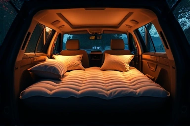 Cozy SUV interior with thick air mattress for car camping.